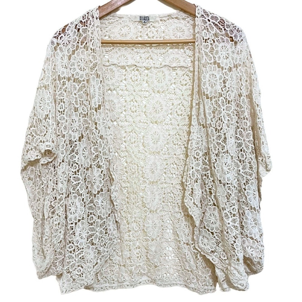 BB Dakota Cream White Floral Lace Crochet Kimono Style Cardigan – 'Solana', S